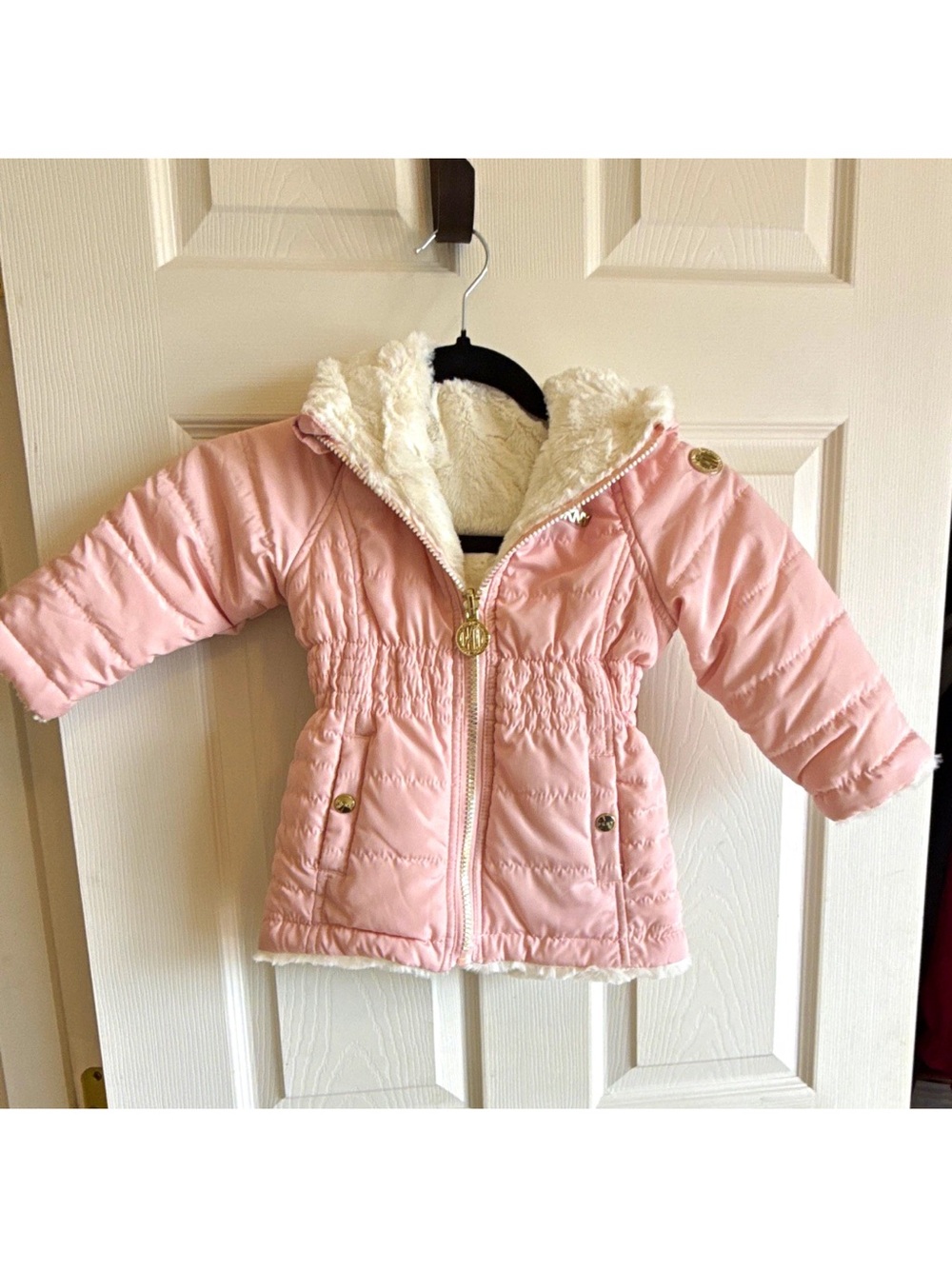DKNY Girls Light Pink Faux-Fur Lined Puffer Jacket